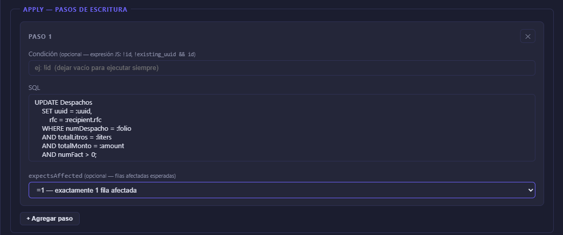 Sección apply con pasos de escritura