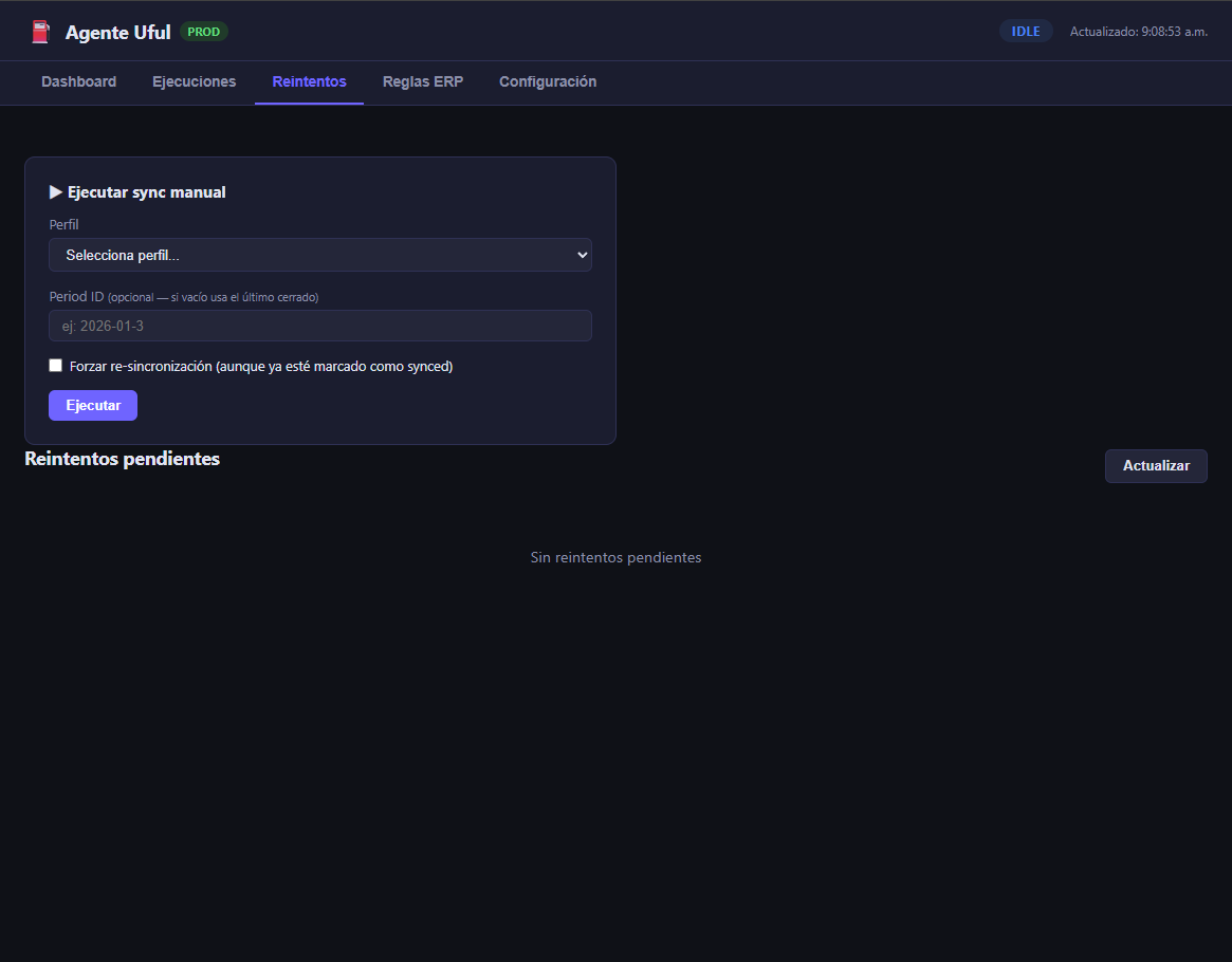 Pantalla de reintentos y sync manual