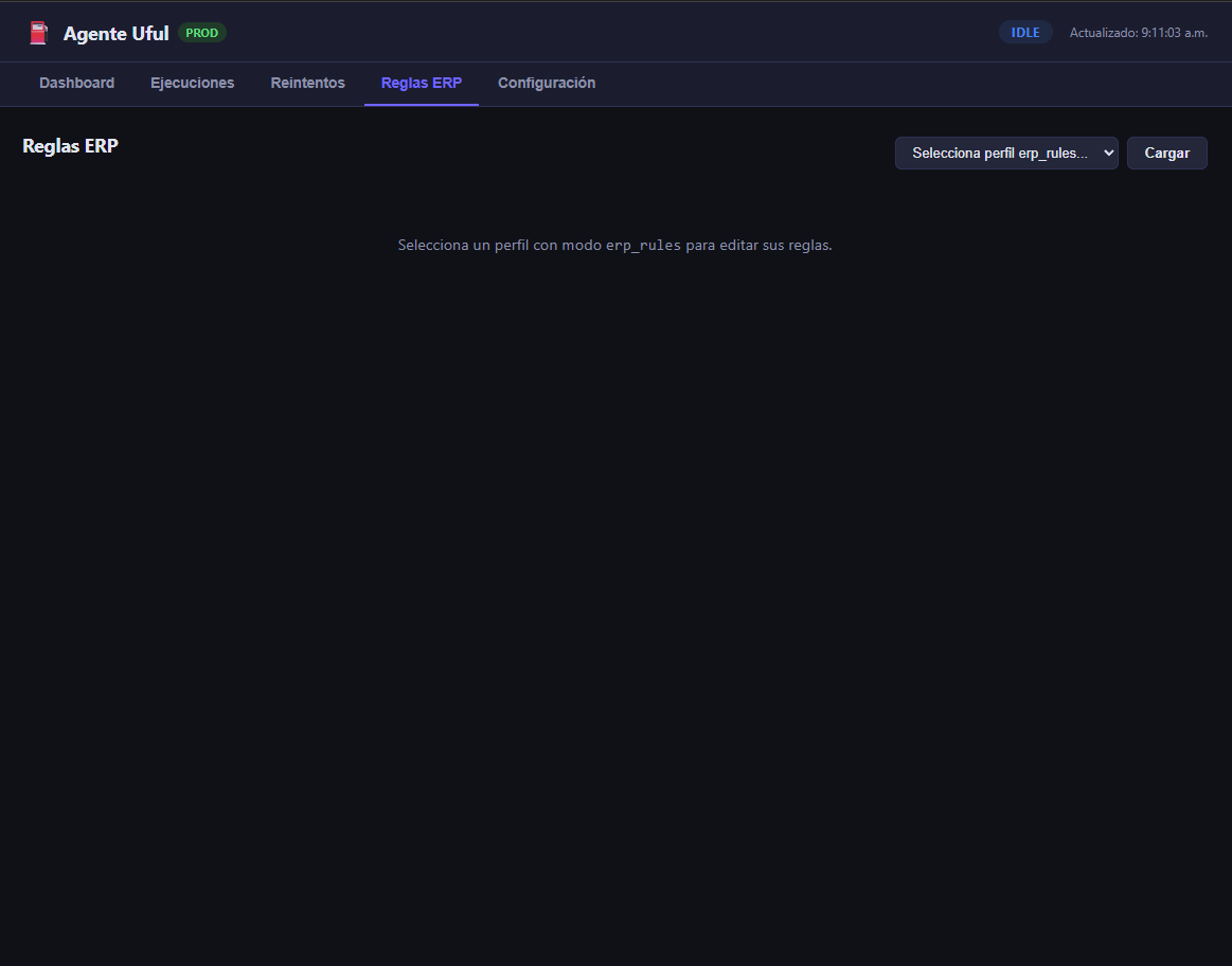 Selector de perfil y carga de reglas ERP