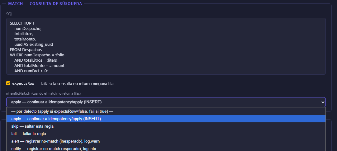 Sección match del editor de reglas