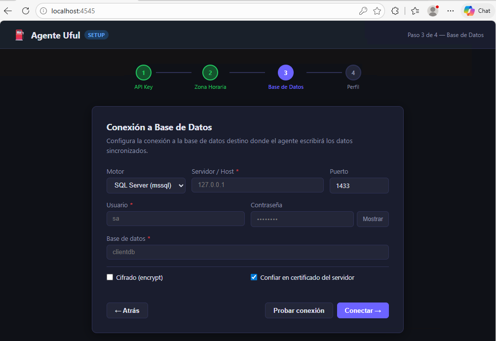 Configuración de base de datos en el navegador
