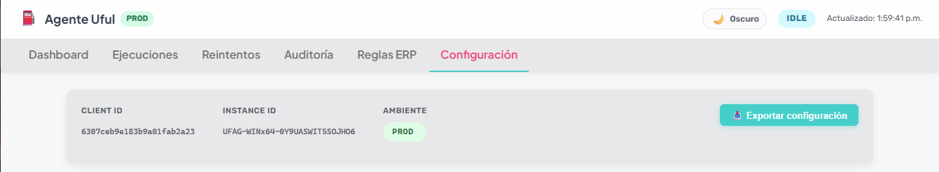 Datos del agente: Client ID, Instance ID y exportar configuración