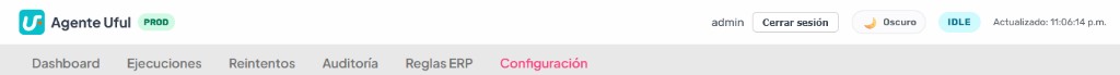 Cabecera del panel: ambiente PROD, usuario admin, Cerrar sesión, tema, estado IDLE y menú