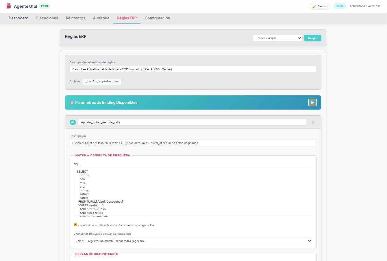 Editor de reglas ERP con reglas cargadas